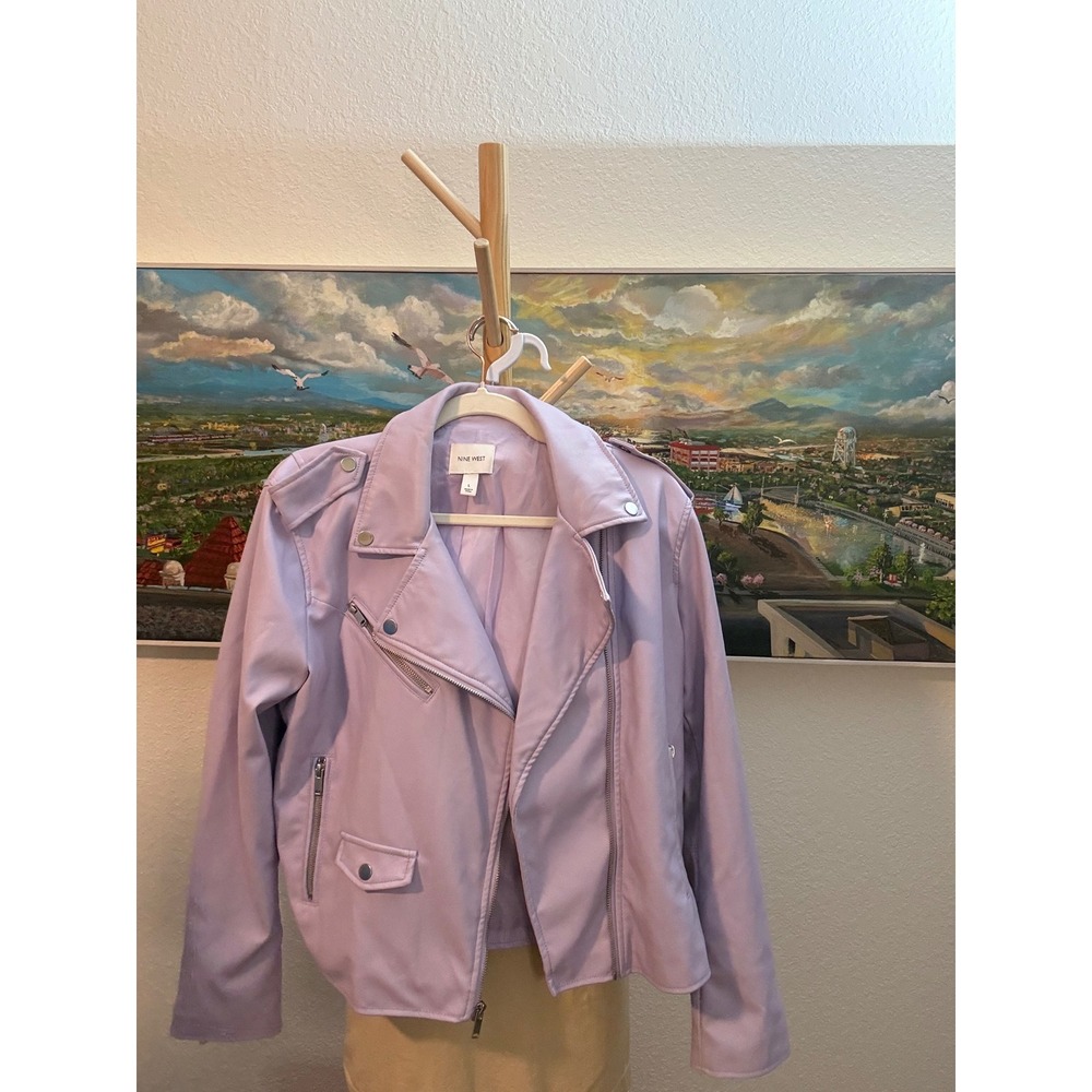 Nine West Moto Jacket Women Large Purple Faux Leather Asymmetrical Zip Biker - Picture 5 of 7